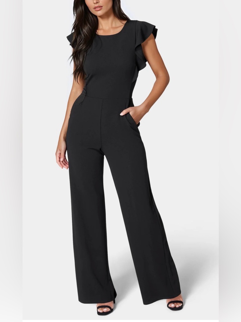 Bebe Black Flutter Sleeve Wide Leg Jumpsuit Pockets Size Large EUC